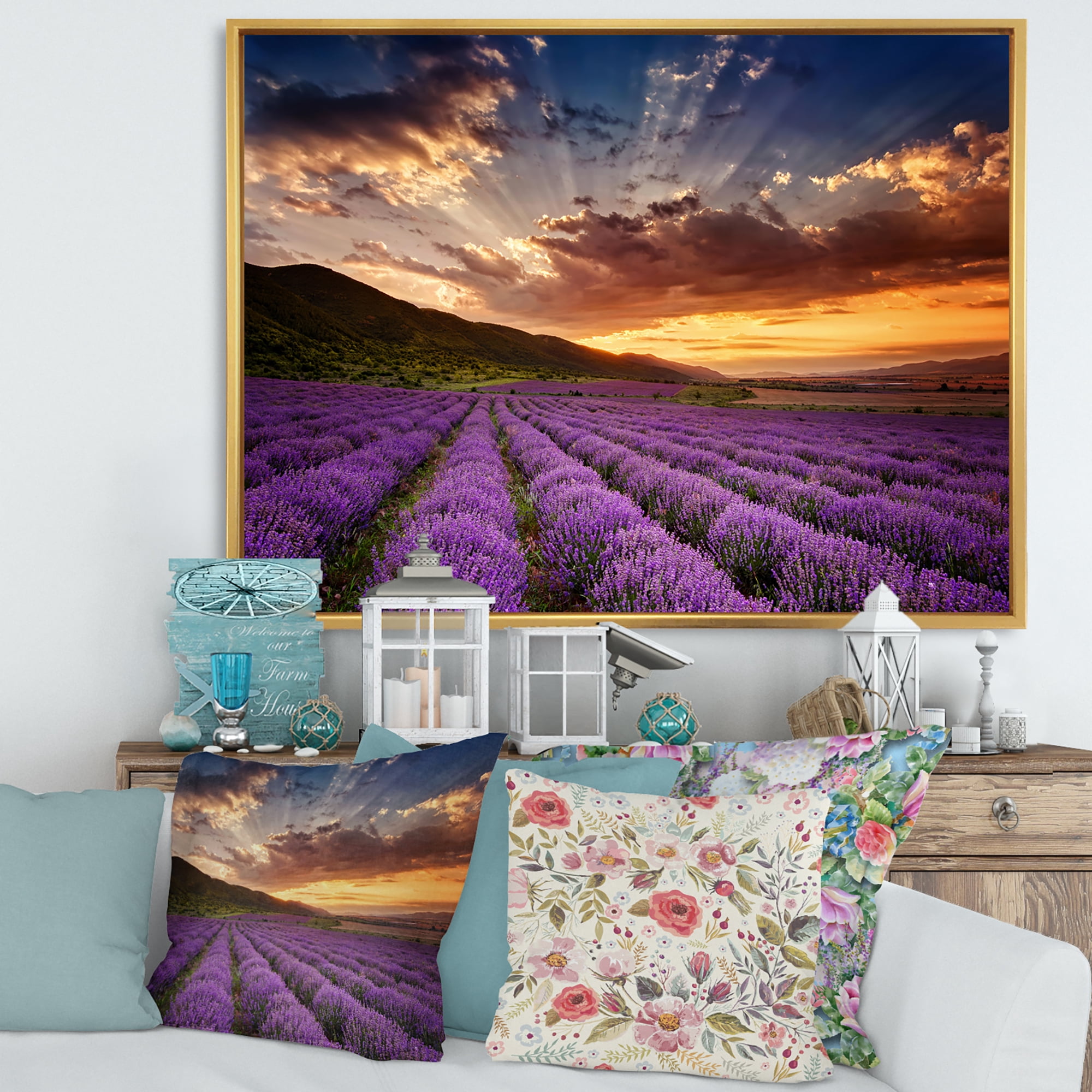 Designart 'Dramatic Clouds and Sunrise Over Lavender Field X' Farmhouse Framed Canvas Wall Art Print