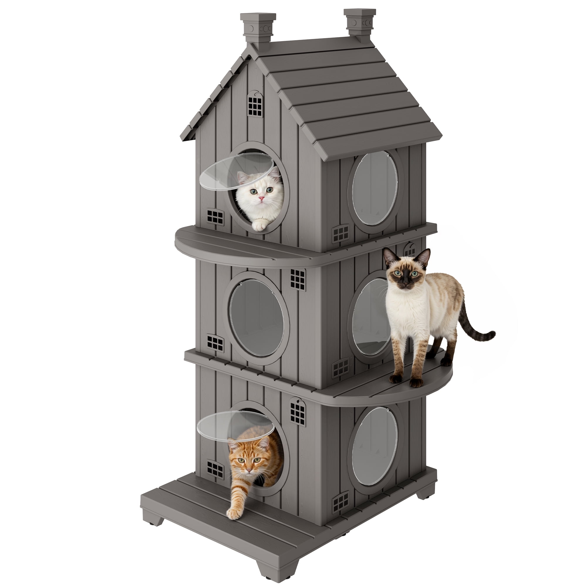 Bifanuo Outdoor Cat House,Weatherproof Resin Cat House,Multi-Layer,Villa-Style Outdoor Cat Shelter,Assemble Easily for Home & Yard,Gray