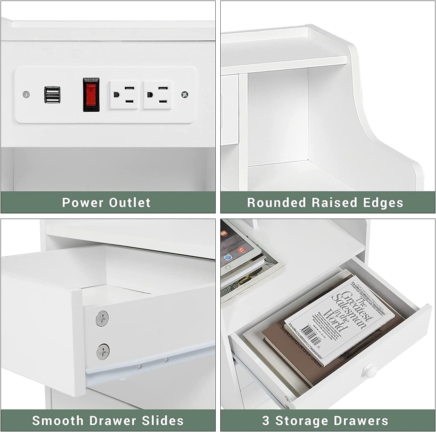 Nightstand with Charging Station, Smart Bedside Table, End Side Table with Drawers for Bedroom, White