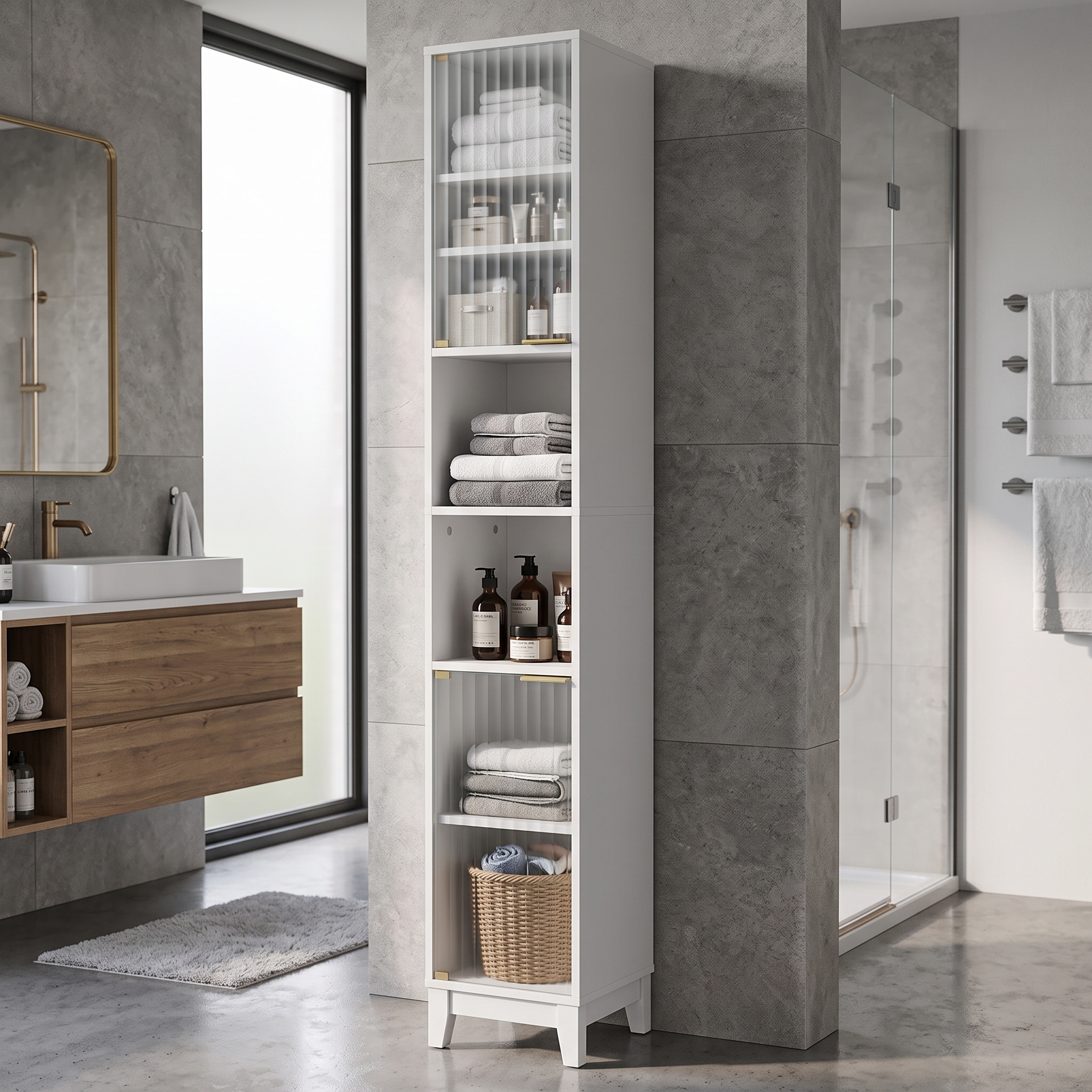 Bathroom Tall Floor Cabinet Narrow Storage Cabinet with 2 Doors & Adjustable Shelves White Melamine Bathroom Cabinet for Toilet Sink Laundry Narrow Spaces
