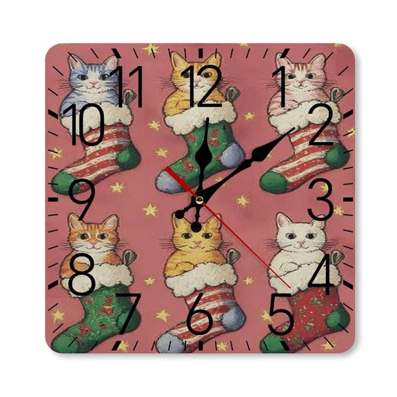 RKSupls 10×10inch Square Silent Wall Clock Wooden Frame, Cats Christmas Stockings Scale Decorative Clock for Home Bedroom Living Room Office