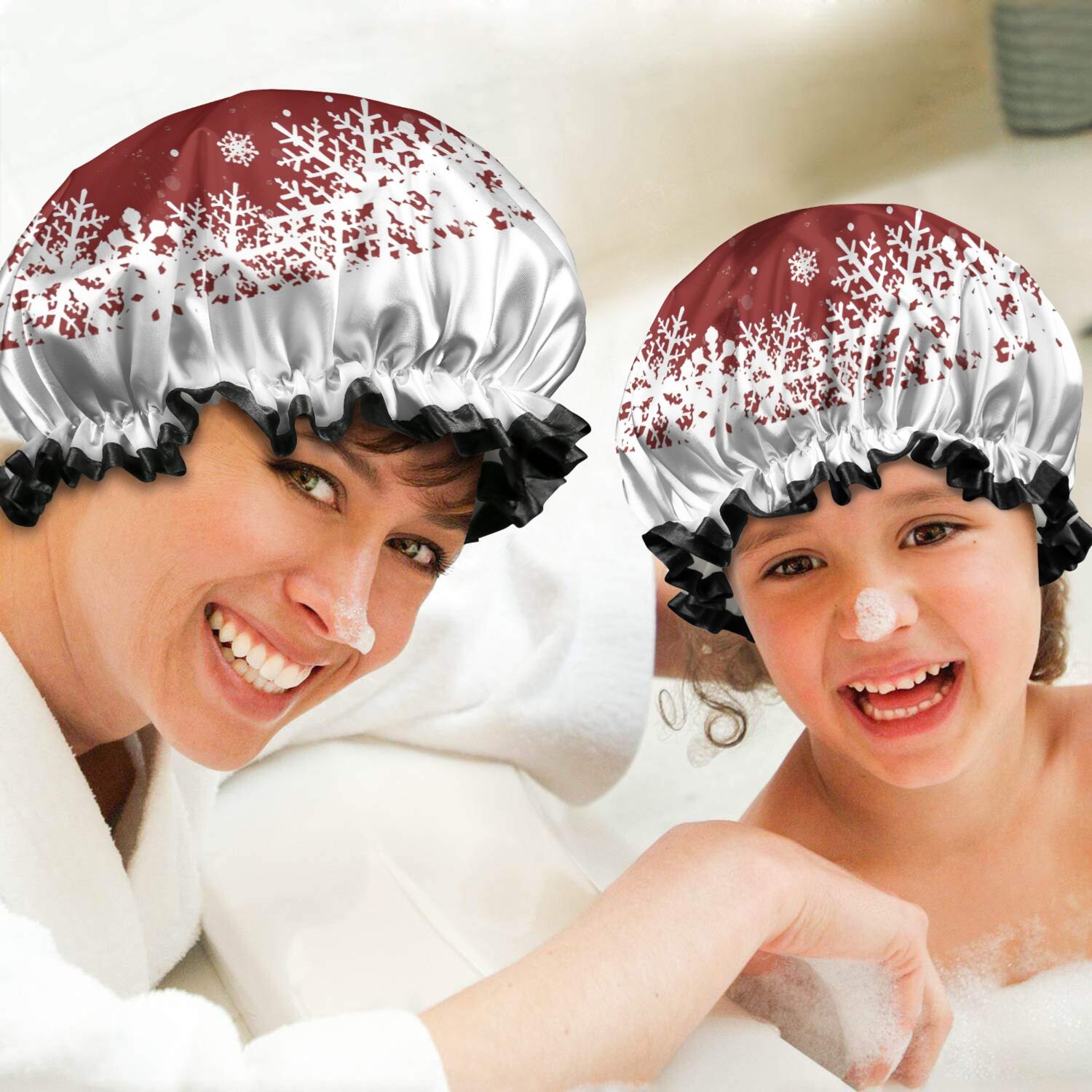 Shower Caps,Red Christmas Snowflake Pattern Waterproof Shower Cap for Women 4 Pieces,Double Reusable Hair Cover for Shower PEVA Elastic Stretch Hem