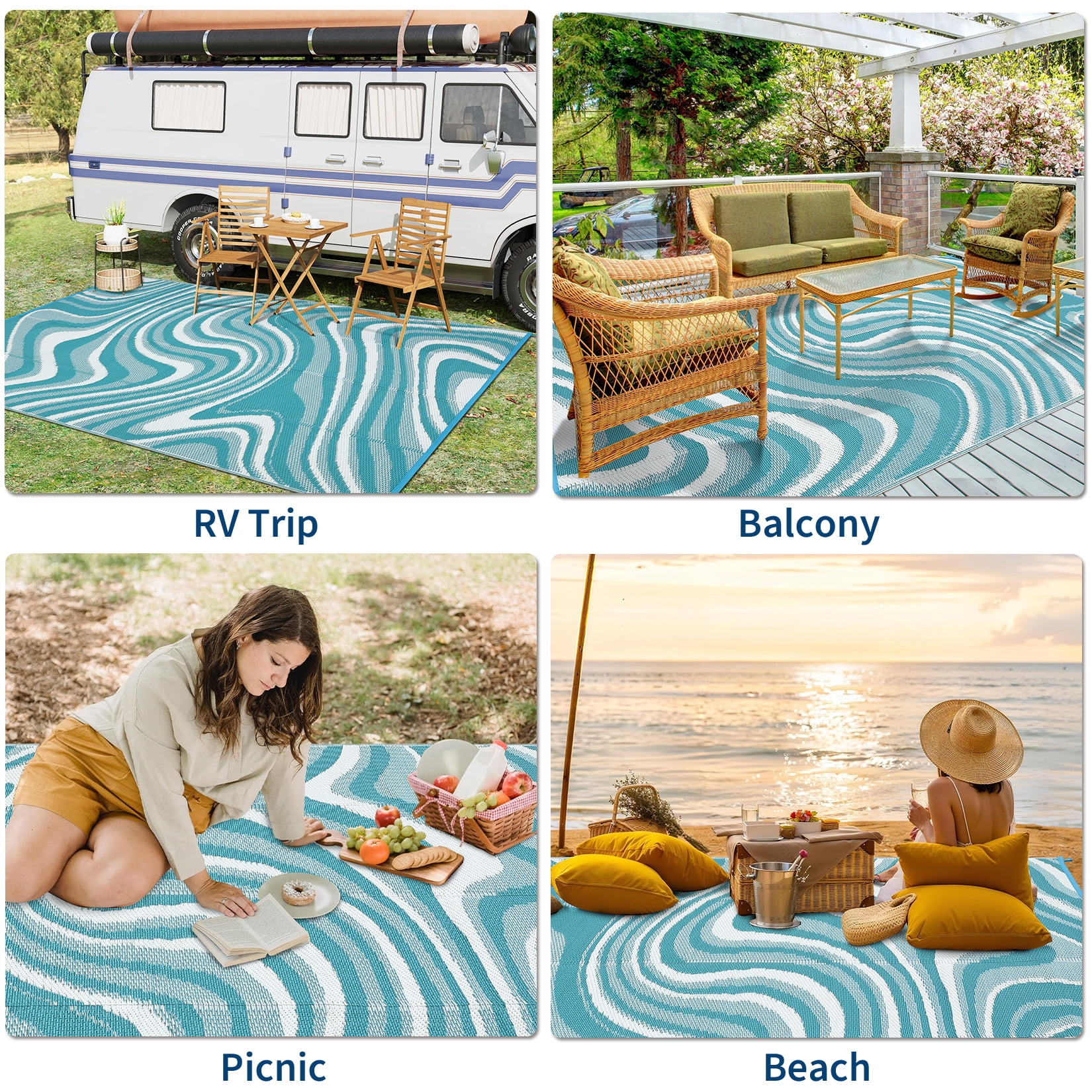 Haperlare Outdoor Rug 9'x12' Waterproof Reversible Camping Rugs, Modern Abstract Plastic Straw Rug Carpet for Patio Picnic Backyard Deck, Light Blue