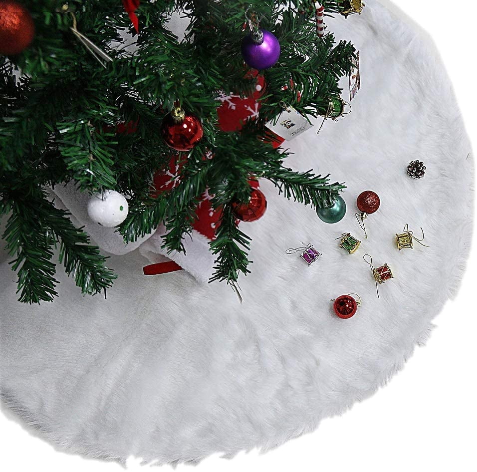 35 Inches Christmas Tree Skirt, Snow White Color with Luxury Faux Fur