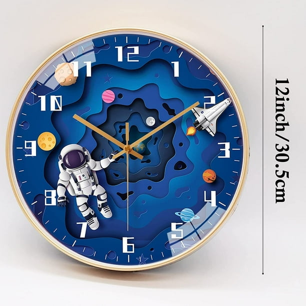 Reloj de pared para ninos con movimiento silencioso de 12 pulgadas sin garrapatas reloj de pared redondo para ninos alimentado por bateria estilo de viaje espacial reloj decorativo para ninos pa JAMW