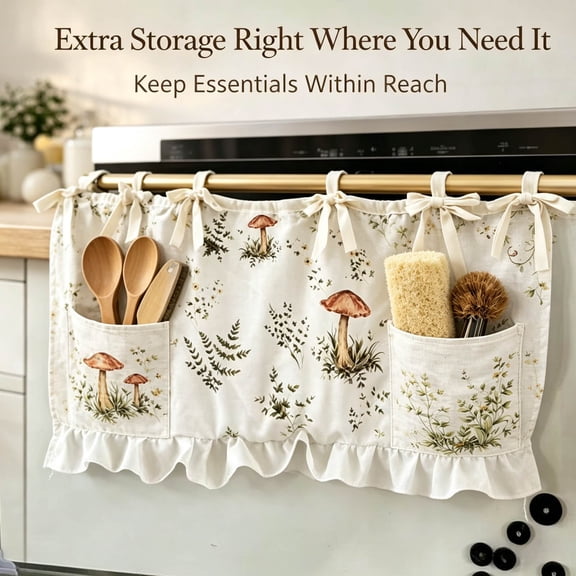 Oven Skirt Curtain with Pockets,Handmade Oven Skirts Curtain Handmade Oven Skirts, Multi Purpose Kitchen Stove Curtain, Dishwasher Curtain Cover, Farmhouse Botanical Print Cozy Spring Kitchen Decor