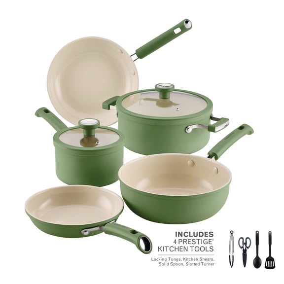 Farberware TrueCook 12pc Ceramic Cookware Set, Dishwasher and Oven Safe, Green