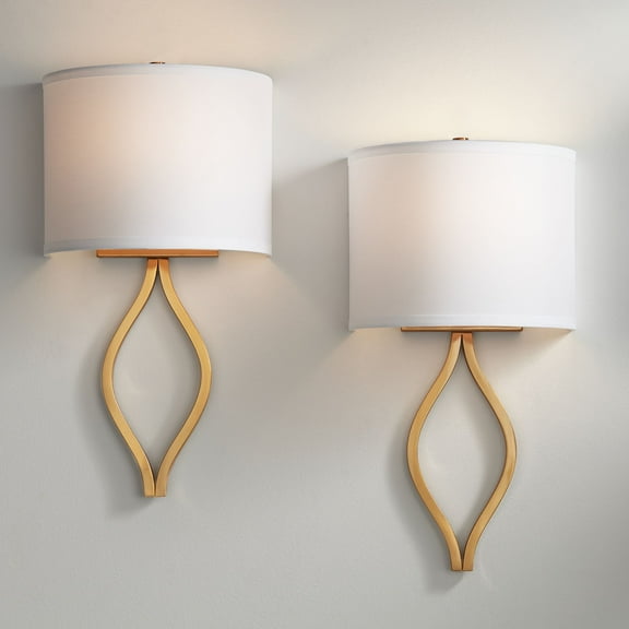 Possini Euro Design Sian Modern Wall Light Sconces Set of 2 Warm Brass Hardwired 10" Fixture White Half-Moon Linen Shade for Bedroom
