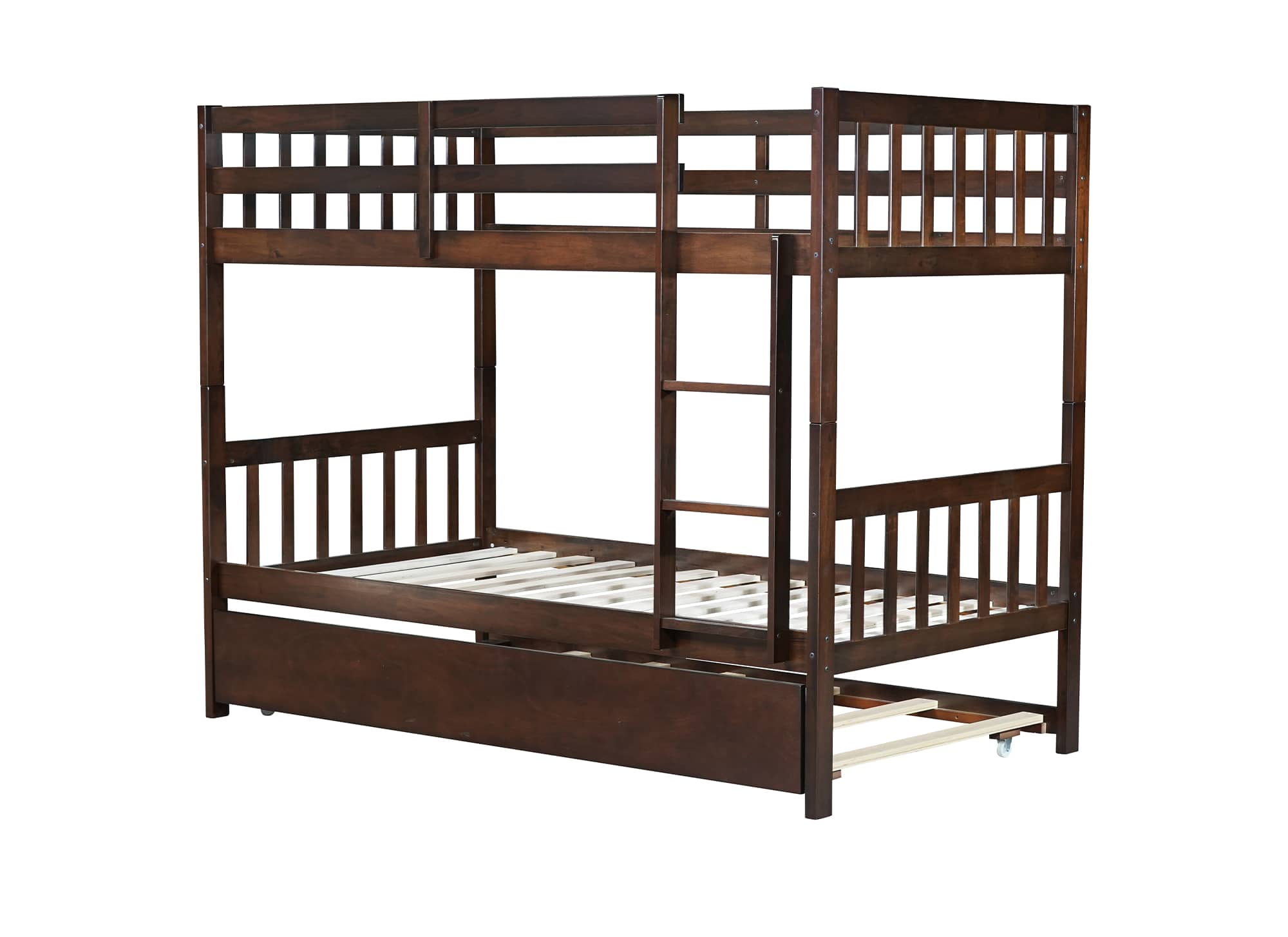MAYEERTY Twin over Twin Wood Bunk Bed with Trundle, Bed Frame with Ladder and Guardrails, Espresso