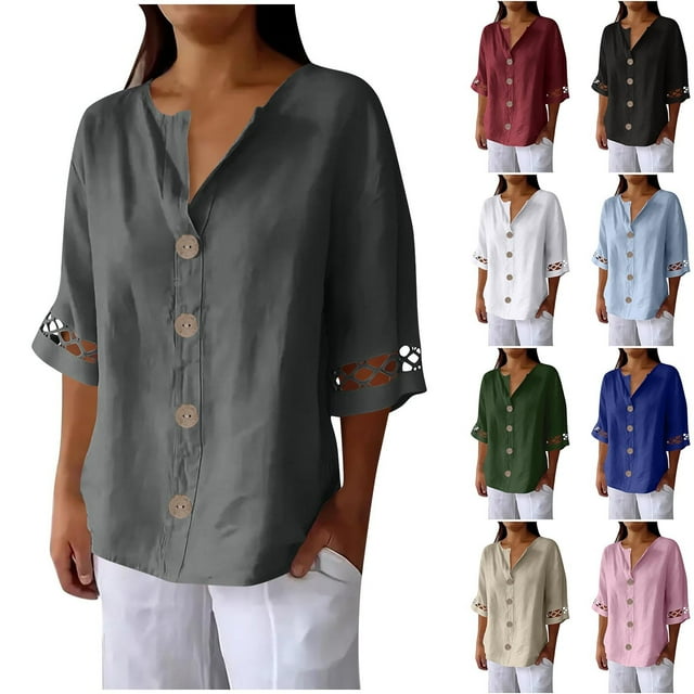 JDQJBZ Summer Womens Tops,Womens Tops Half Sleeves 3/4 Sleeves Tops For Women Blouse For Women Spring Summer Solid Color Crew Neck Linen Lace Patchwork Blouse