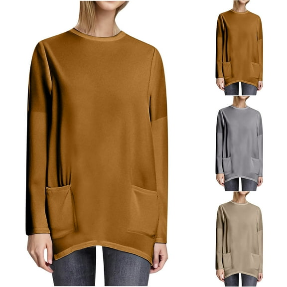 Antinious Womens Blouses Dressy Casual Long Sleeve Crewneck Pocketed Button Size Tops,Fall Winter Going Out Tops for Women,Sweatshirt for Women,Khaki,XXL
