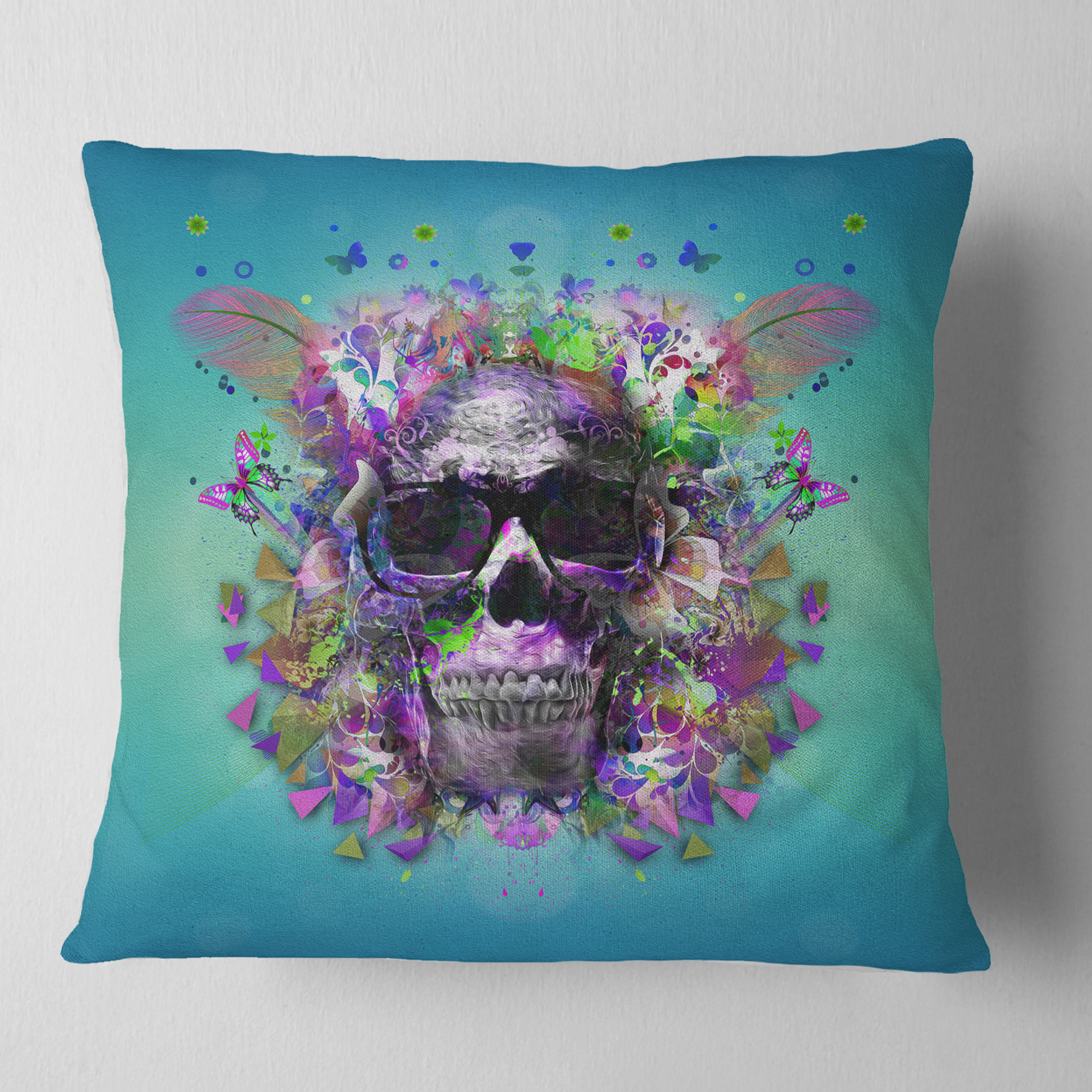 Designart Skull with Glasses and Butterflies - Abstract Throw Pillow - 18x18