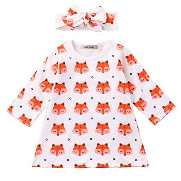 StylesILove Little Fox Patterned Baby Girl Cotton Long Sleeve Causal Blouse Tunic Dress with Headband 2pcs Outfit (100/12-18 Months) White