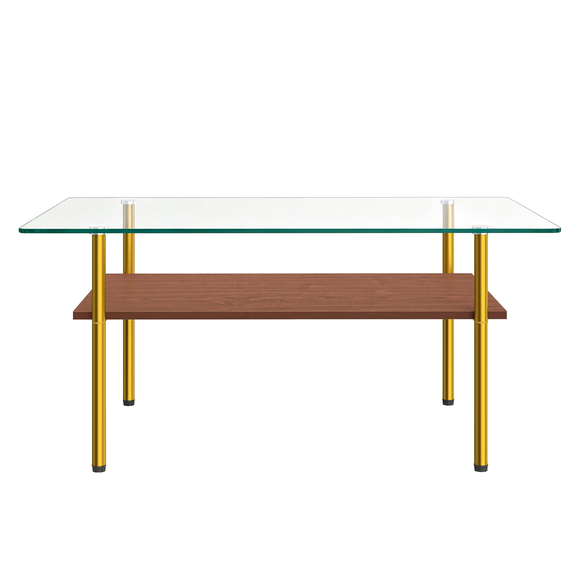 Modern Rectangular Glass Coffee Table with Tempered Glass Top and Wood Shelf, 38.6-Inch Center Table for Living Room, Gold