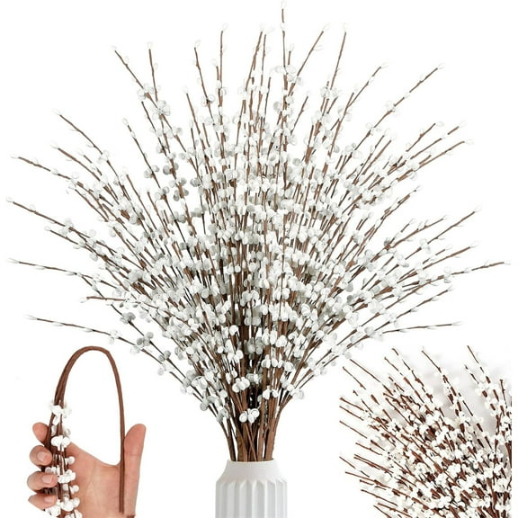 5 Pcs Artificial Long Stem Flowers for Tall Vase,Happon 29"/74cm Tall Fake White Flower Bouquet,Pussy Willow Branches for Home Office Wedding Party DIY Floral Art Winter Decor(White)