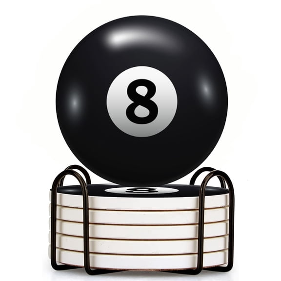 Black Eight Ball Set of 6 Ceramic Coasters with Holder, Absorbent Drink Bar Coasters, Table Coasters for Living Room Decor Tabletop Protection