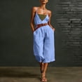 thumbnail image 3 of Women's Vacation Capri Jumpsuits Spaghetti Strap Wide Leg Linen Rompers Deep V Neck Sleeveless Cropped Jumper Light Blue, M, 3 of 7