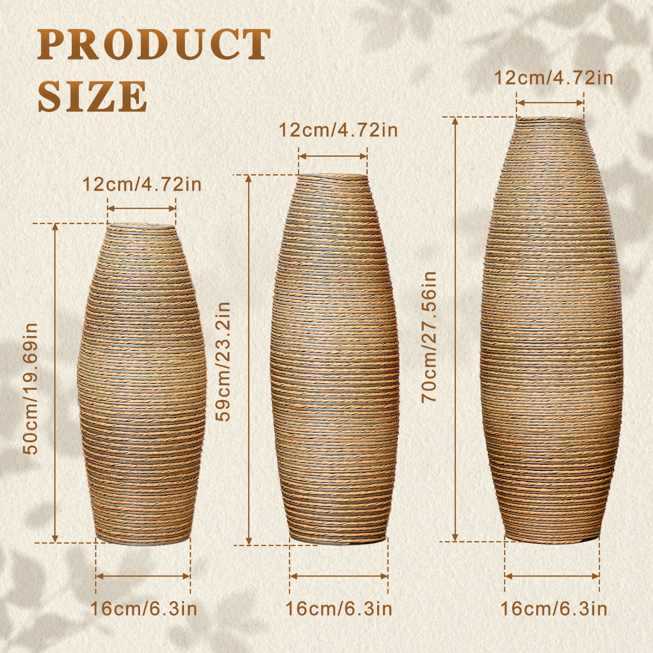 Noble House 19.69", 23.2", 27.56" PVC Floor Vase Set of 3, Handcrafted Rattan-Like, Beige Brown
