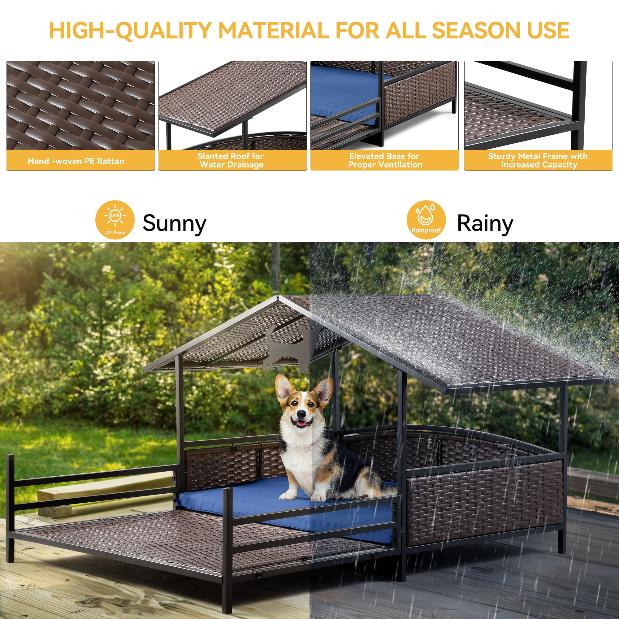 Dextrus 32.9in Outdoor Rattan Dog House with Canopy, Water-Resistant Dog Bed with Blue Cushion for Small, Medium, Large Dogs,Brown&Blue