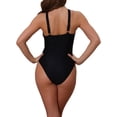 thumbnail image 3 of INSPIRAR CHIC Conjunto de Bikini Monokini de Bloque de Color para Mujeres, 1 Pieza, Con Anillo, Lado Atado, Traje de Baño, Talla X-Small, Negro y Púrpura, 3 of 5