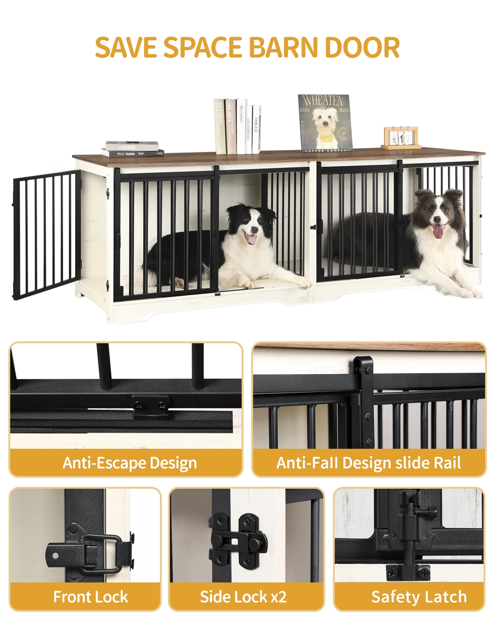 78" Dog Crate Furniture with Divider, Dog Crate Barn Door, Dog Kennel Indoor, Wood Dog Crate