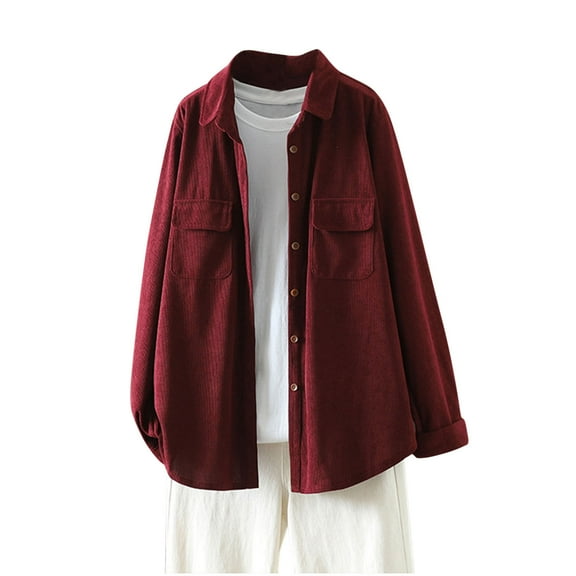 HTNBO Women's Oversized Corduroy Jackets Loose Long Sleeve Casual Vintage Button Down Shirts Outerwear