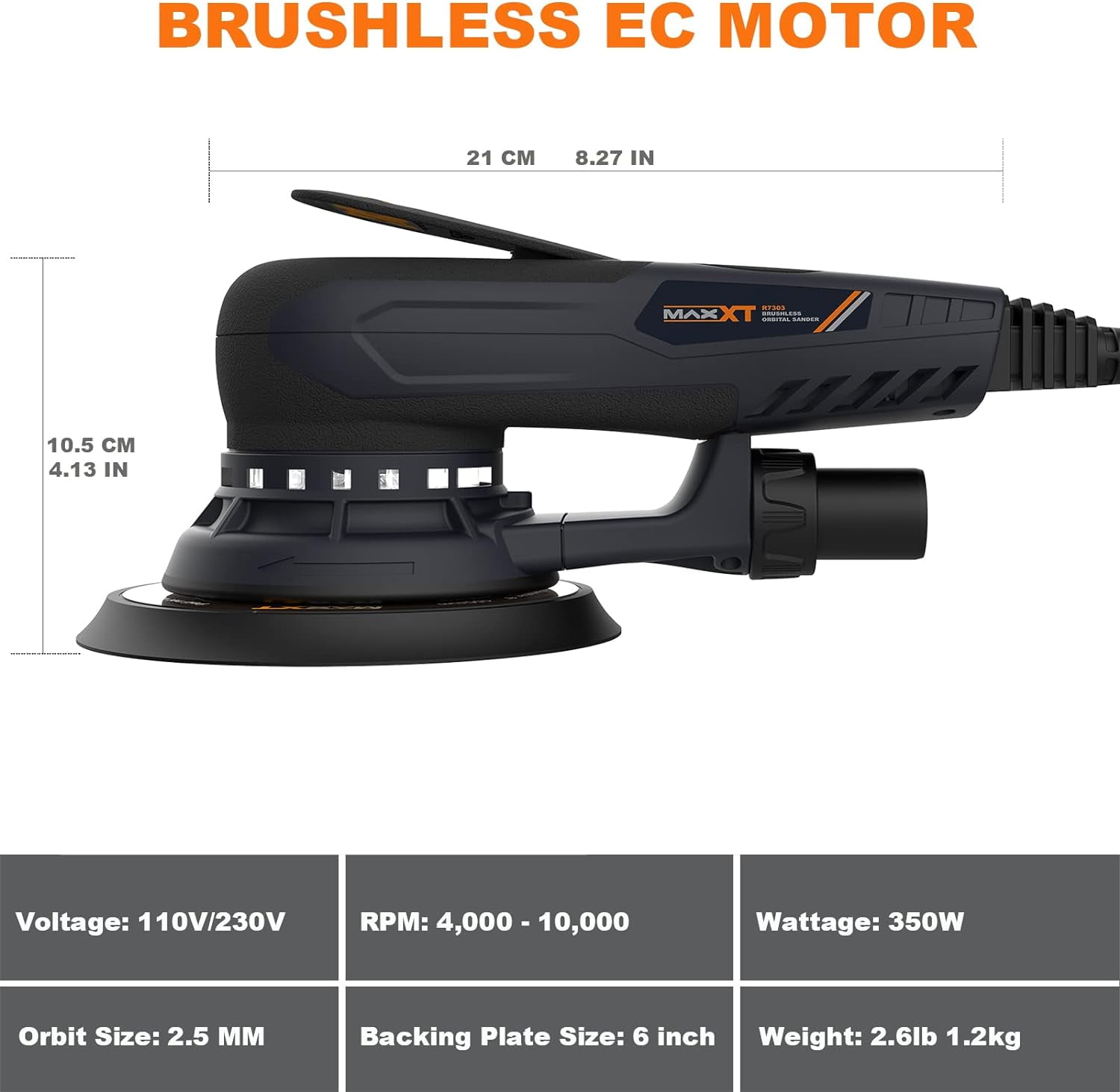 MAXXT Brushless Random Orbital Sander 2.5mm, 350W Variable Speed Corded with 10 Discs