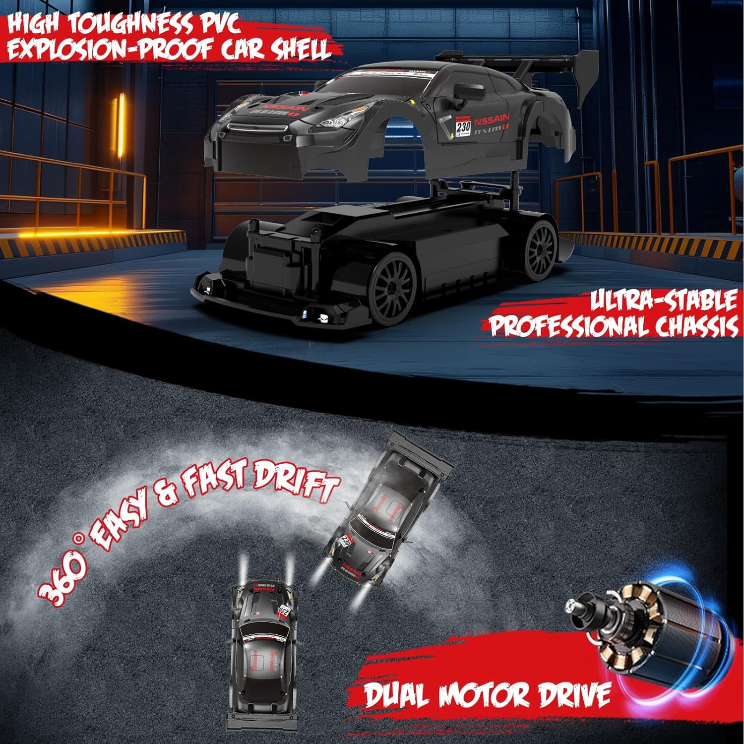 AIGIA 1:24 Scale RC Drift Car 30KM/H 4WD 2.4GHz Remote Control Cars with LED Light High Speed RC Racing Cars Toy