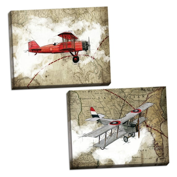 Gango Home Decor Horizontal Biplane 3 & 4 by GraphINC Studio (Ready to Hang); Two 24x16in Hand-Stretched Canvases