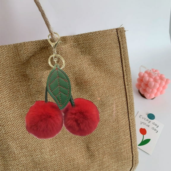 Elainilye Cherry Furry Keychain, Simulation Rabbits Hair Pendant Charm Fluffy Pompom Decor for Car Keys Backpack Purse Women Bag Couple Gift Accessories​​, Red
