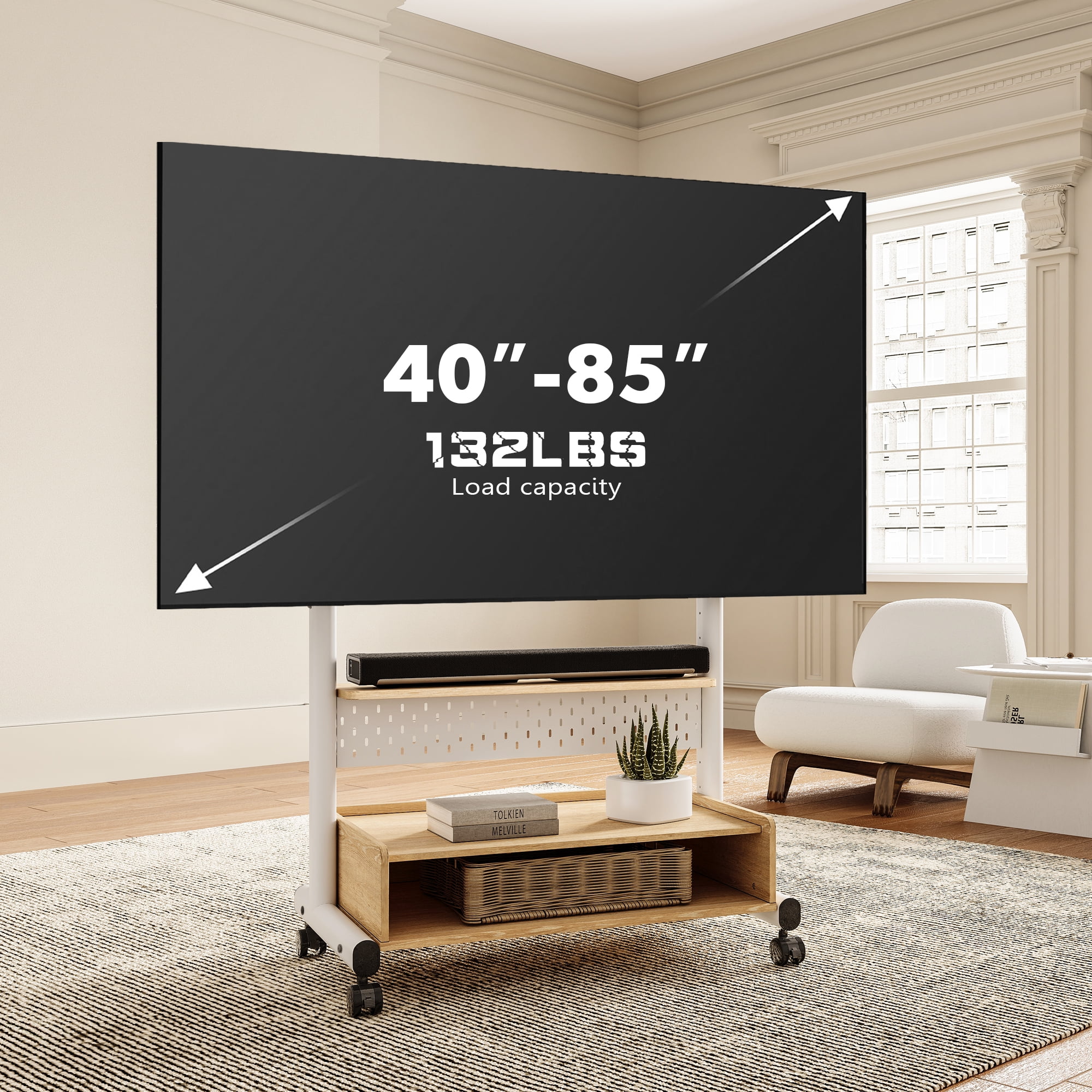FITUEYES Sturdy Rolling TV Stand with Wheels for 40-85 inch Screens, Height Adjustable Mobile Cart, White