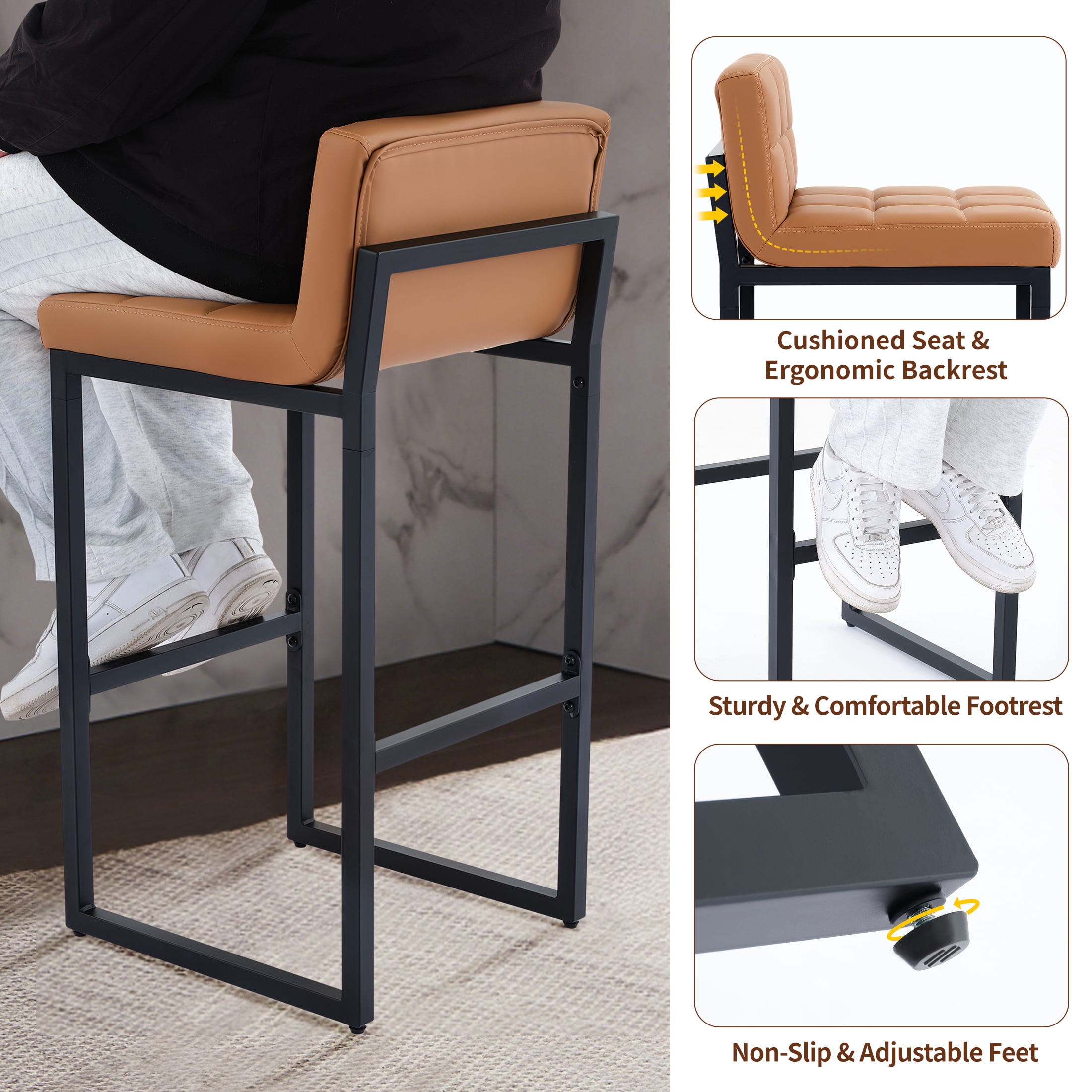 FIRAVOE Bar Stools Set of 2, Counter Height Bar Stools (Low Back)(Thickened Frame) 26" PU Leather Barstools Bar Chairs for Kitchen Island, Caramel Brown