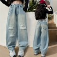 thumbnail image 4 of XXWXYD Clearence Girls 90s Wide Leg Jeans Retro Straight Denim Pants All-Year Casual Bottoms for Juniors Loose High-Waisted Jeans with Raw Hem Details, 4 of 8