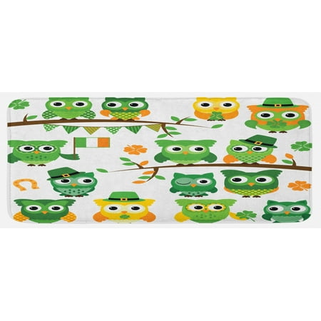 

St. Patrick s Day Kitchen Mat Irish Owls Leprechaun Hats on Trees Shamrock Leaves Horseshoe Plush Decorative Kitchen Mat with Non Slip Backing 47 X 19 Green and White by Ambesonne