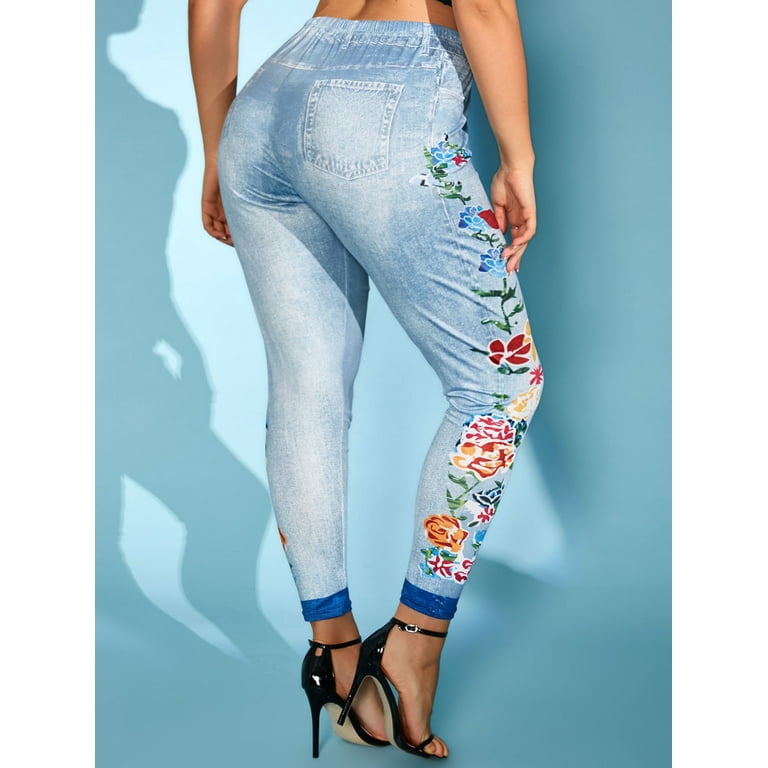 Rosegal Women's Plus Size Flower 3D Jean Pattern High Rise