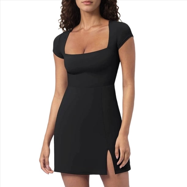 Vestido Deportivo de Golf para Mujer, Corta, Cuello Cuadrado, Abertura Lateral, Doble Forro, Color Negro, Talla L