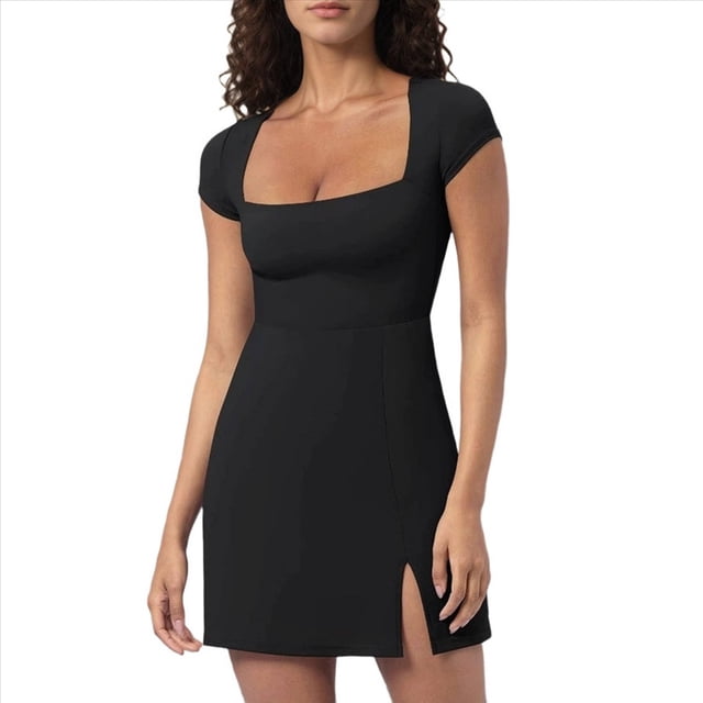 Vestido Deportivo de Golf para Mujer, Corta, Cuello Cuadrado, Abertura Lateral, Doble Forro, Color Negro, Talla XL