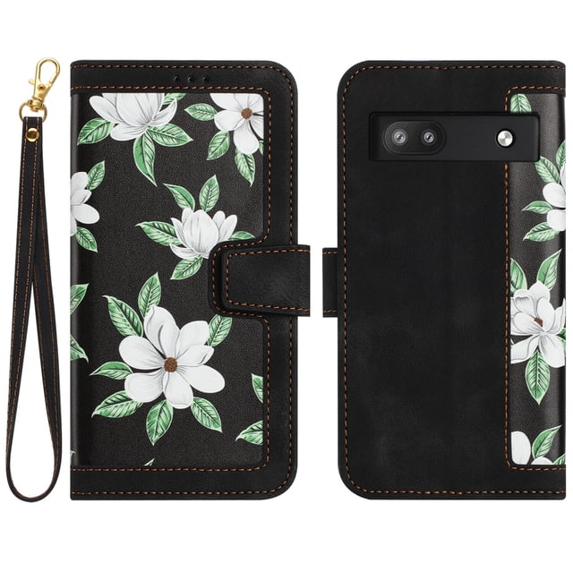 Compatible with Google Pixel 6A Vintage Flower Wallet Case Magnetic Closure Cover with Card Slots