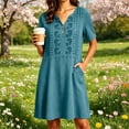 thumbnail image 2 of Bxsruta Women's Embroidered Short Sleeve V Neck Smock Dress Casual A Line Tunic with Pockets Cocktail Length Pull on Loose Fit for Summer Vacation Everyday Wear, 2 of 7