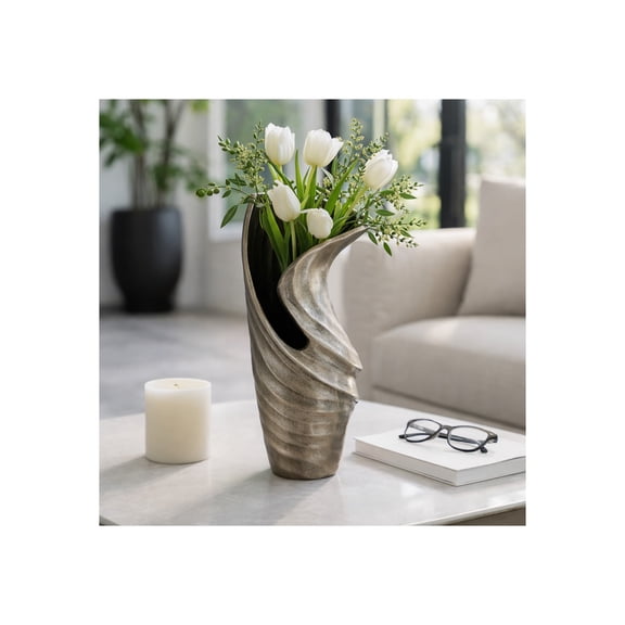 Sculptural Metal Vase for Living Room Decor - Contemporary Flower Vase for Dining Room, Bedroom, and Office - Home Decor Accent for Shelf Styling and Coffee Table - 12", Silver & Black