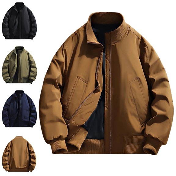 Zysthvn Mens Lightweight Jackets Winter Bomber Outdoor Casual Mens Outerwear with Pockets Long Sleeve Stand Collar Solid