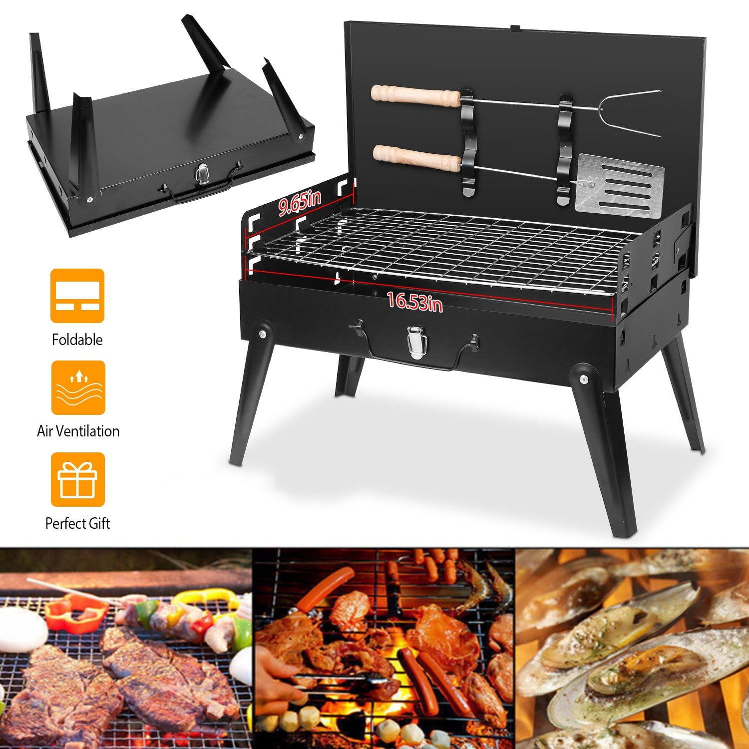 Foldable Charcoal BBQ Grill, 3 Adjustable Height Outdoor Barbecue Rack with Wind Shield & Tool Storage, for Camping Picnic Backyard Party Cooking