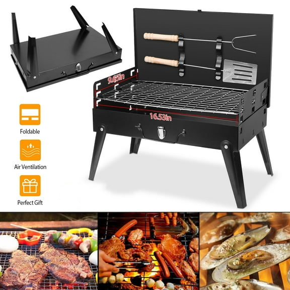 BAYUELSWU Portable Charcoal Grill, Foldable BBQ Grill with 1 Spatula & 1 Fork, Mini Tabletop Grill Easy to Carry for Outdoor, Camping, Picnics, Garden Grilling, Suitable For 2-3 People