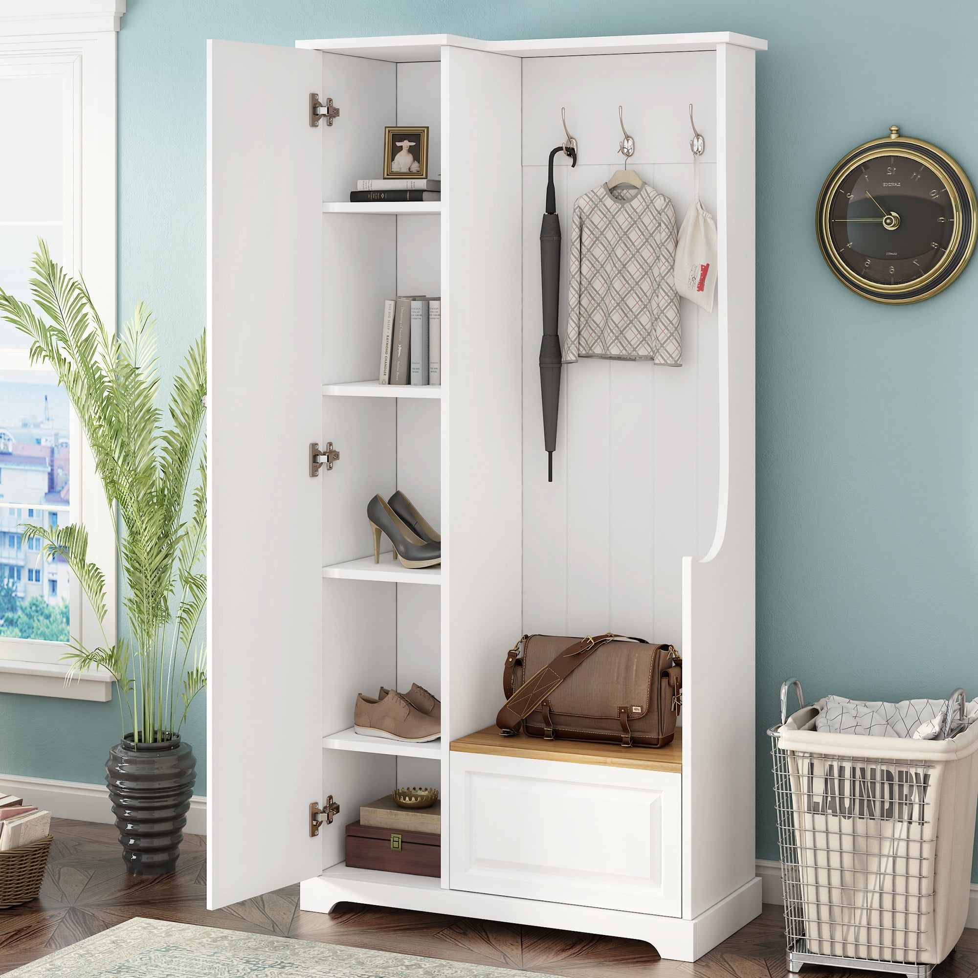 Leumius Hall Tree with Flip-Up Bench, Minimalist Hallway Shoe Cabinet with Adjustable Shelves, Multifunctional Furniture with Hanging Hooks for Entryways, Mudroom, White