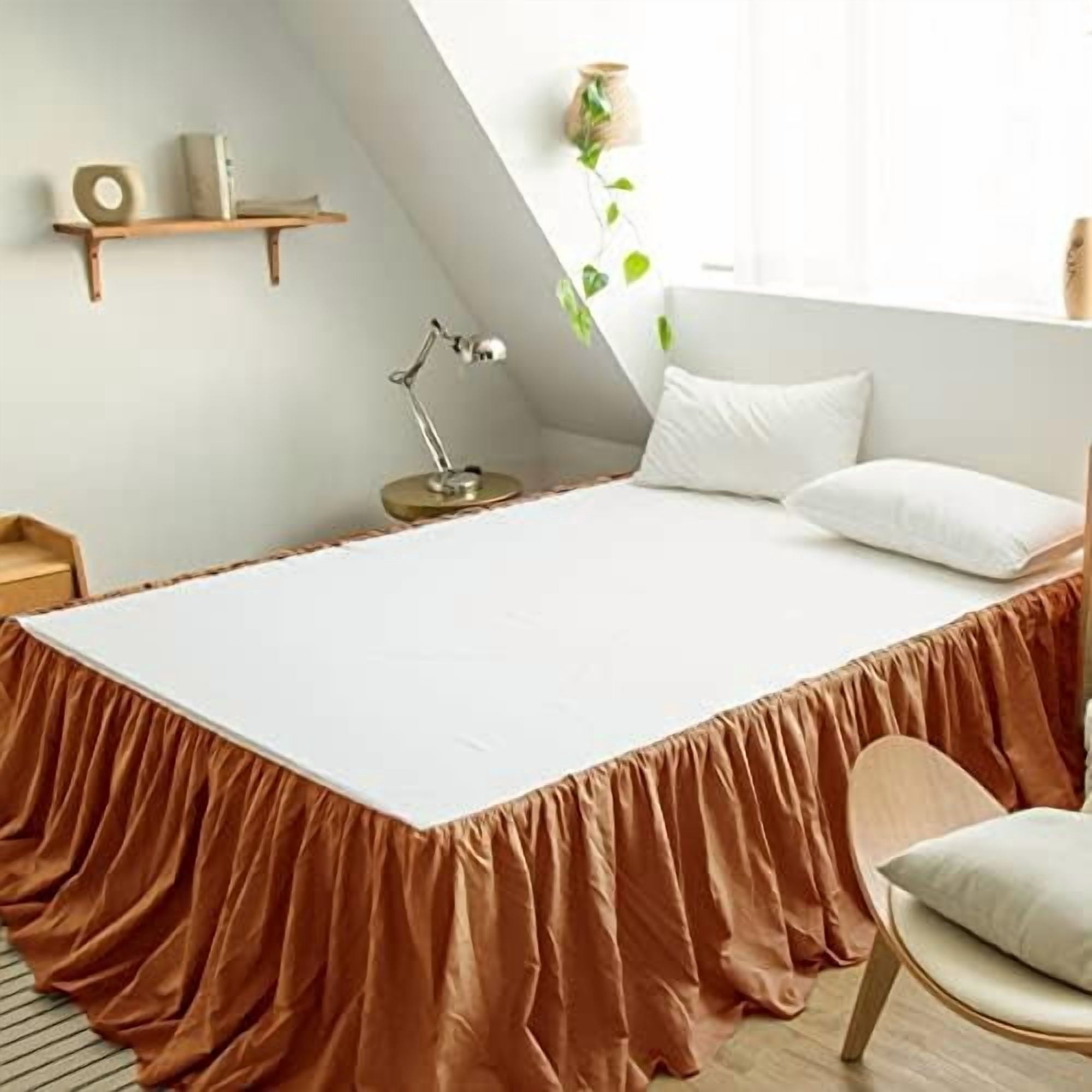 French Linen Bed Skirt with Pleated Frills 14-Inch Tailored Drop Natural Flax Cotton Blend Dust Ruffle Soft Cozy Farmhouse Bedding (14" Twin, Rust)
