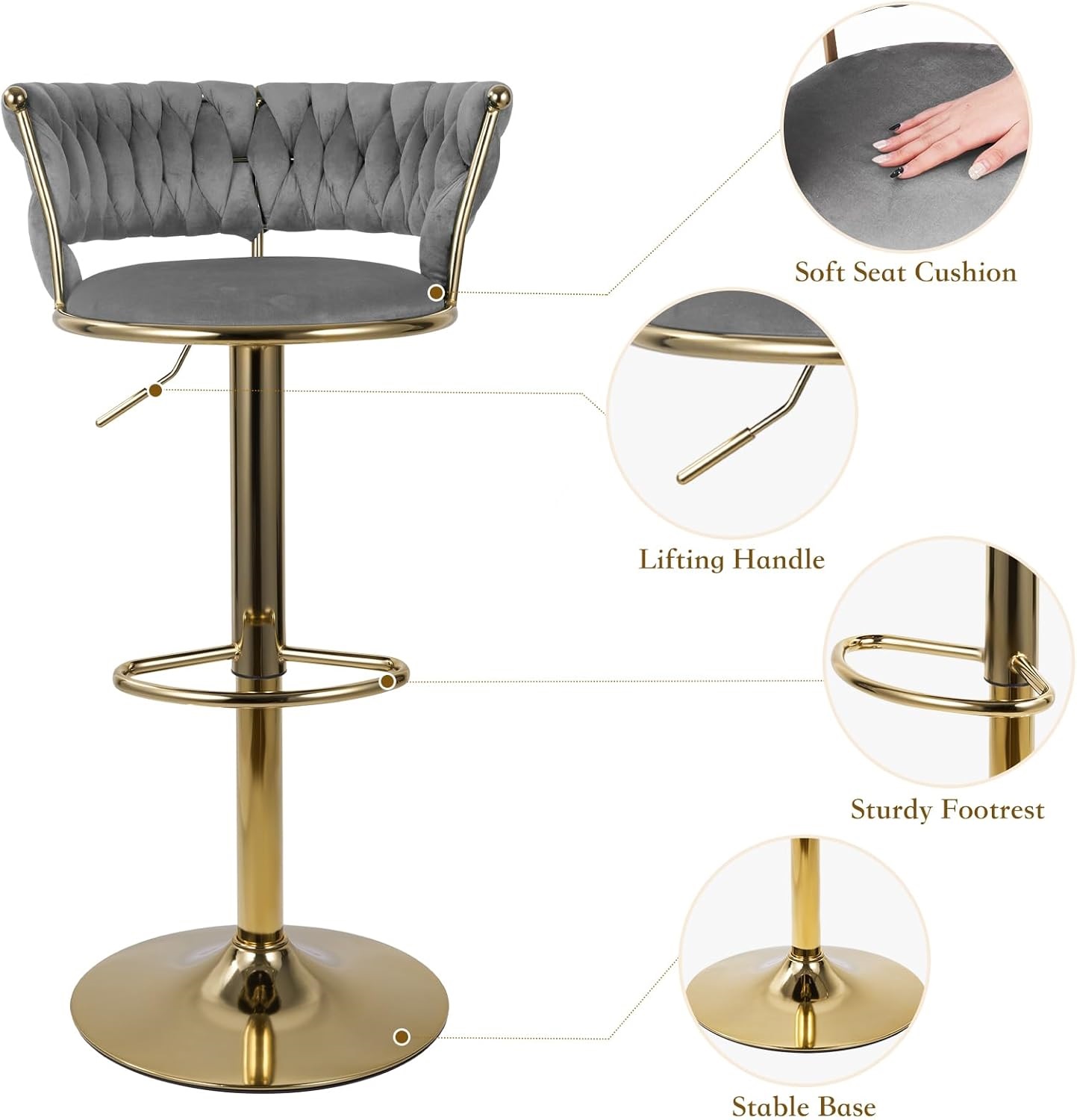 Homefun Swivel Velvet Bar Stools Set of 2, Height Adjustable Counter Height Stools with Low Back, Gold Swivel Bar Chairs for Kitchen Island