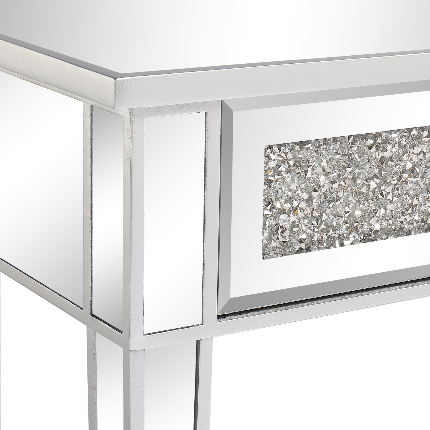 2-Drawer Modern Diamond-Embellished Mirrored Desk, Silver, 42 x 15 x 29.92 in