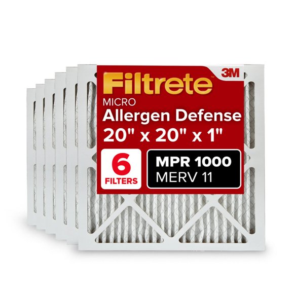 Filtrete 20x20x1 Filtre à Air de Four CA, MERV 11, MPR 1000, Défense contre les Micro-Allergènes, Filtre de Nettoyage d'Air Électrostatique Plissé 3 Mois de 1 Po, Lot de 6 (Taille Réelle 19,6