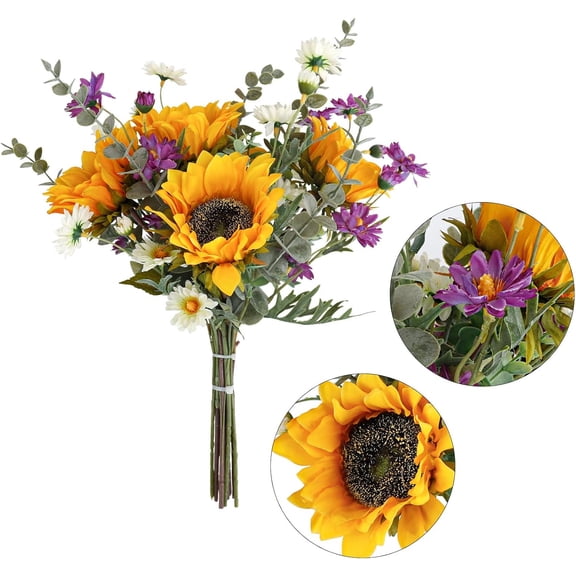 Artificial Sunflowers Bouquet Fake Flower Bouquet with Sunflowers for Bridal Bouquets Wedding Centerpieces Decor Party Table Gravesites Fall Floral Arrangements Home Decoration