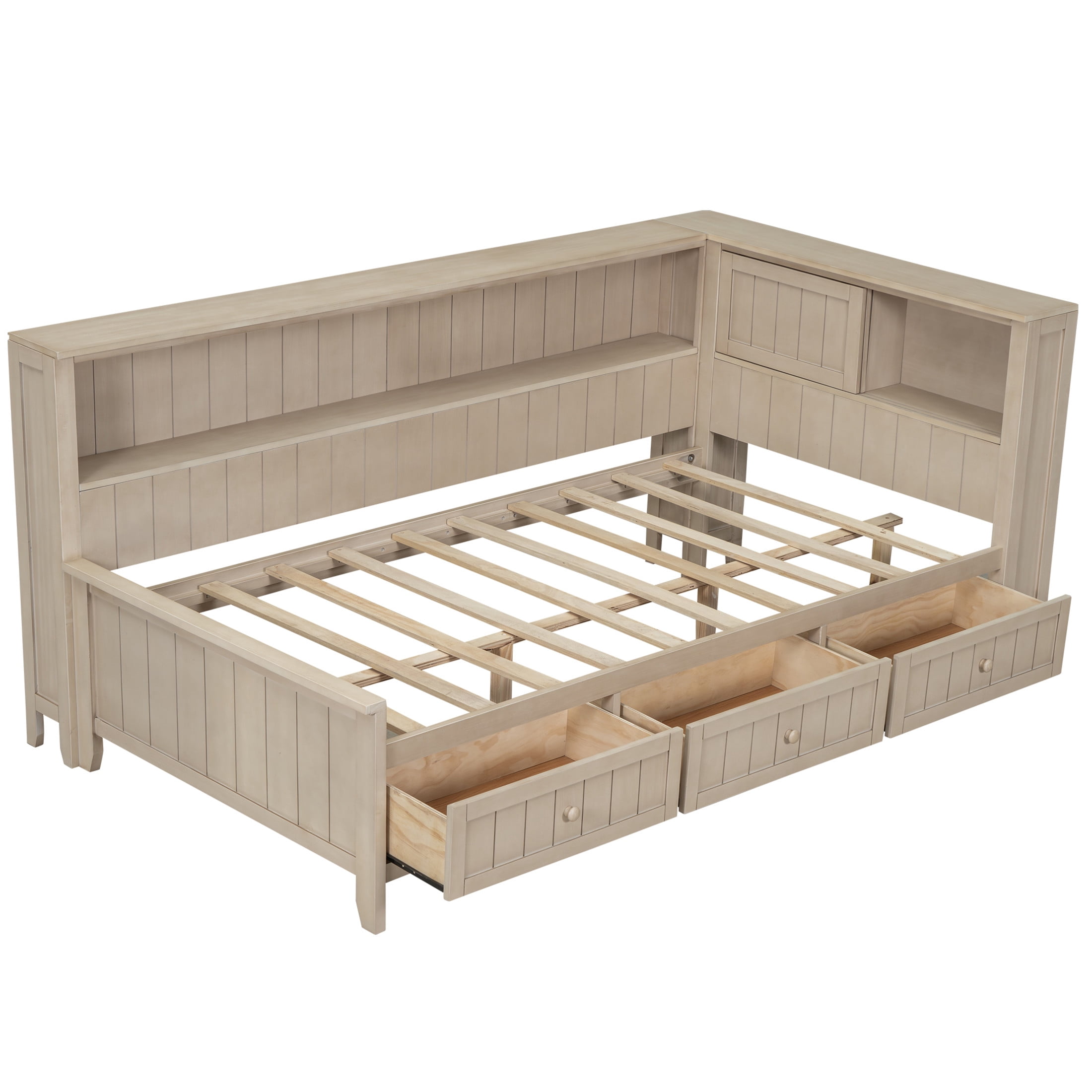 Noble House Twin Daybed with Storage Drawers and Shelves, Wood Guest Bed Frame with Sliding Doors, Antique White